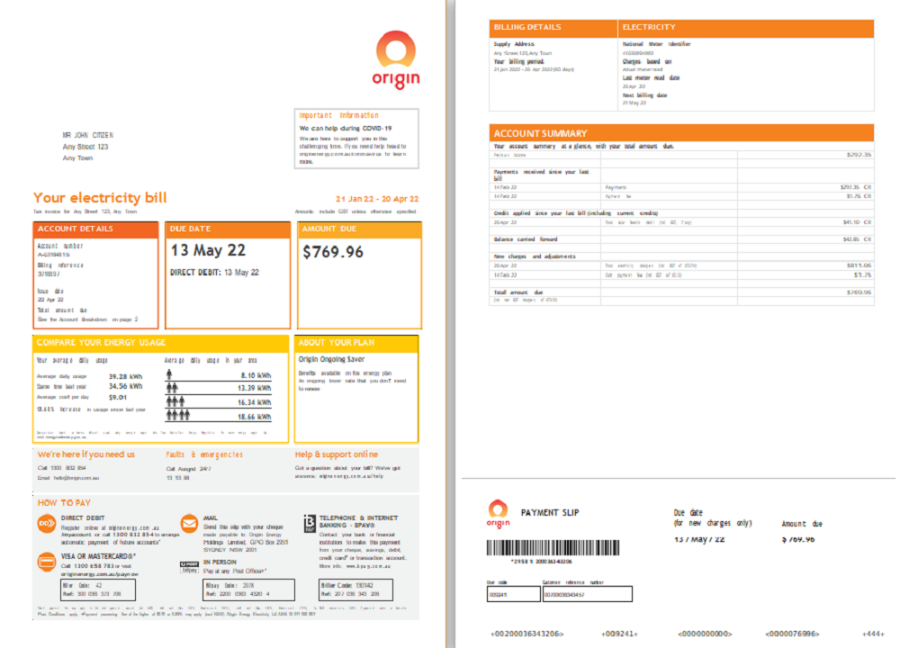 Origin utility bill template, in Word and PDF format, 4 pages